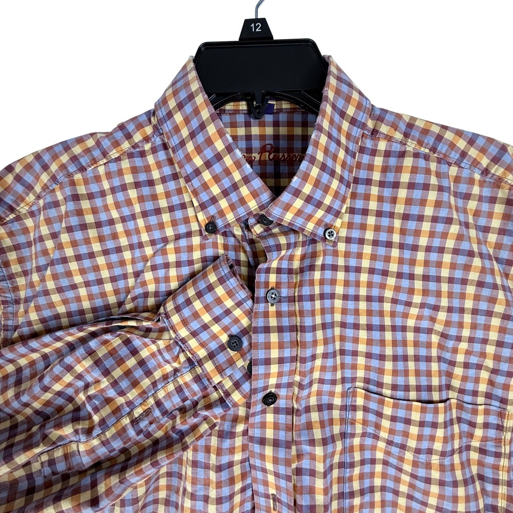 Alan Flusser Button Down Shirt Mens Large Gingham Plaid Cotton Preppy Academic